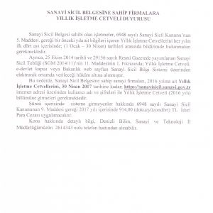 Sanayi Sicil Belgesine Sahip Firmalara Yıllık İşletme Cetveli Duyurusu